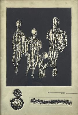 JULIO TESTONI - JULIO TESTONI (Escuela uruguaya, 1948) Gofrado "Personajes" Firmado a l&aacute;piz abajo 