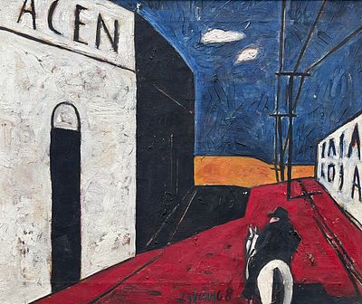 JUAN STORM - JUAN STORM (Escuela uruguaya, 1927-1995) &Oacute;leo sobre tela "Gaucho en el pueblo" 