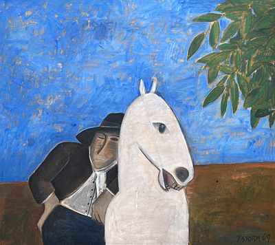 JUAN STORM - JUAN STORM (Escuela uruguaya, 1927-1995) &Oacute;leo sobre cart&oacute;n "El gaucho y su caballo" 