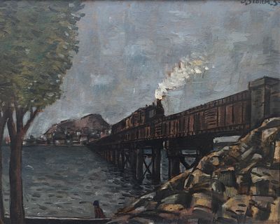 JUAN STORM - JUAN STORM (Escuela uruguaya, 1927-1997) &Oacute;leo sobre tela "Paisaje con puente y tren" 